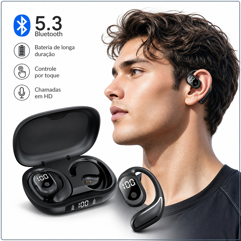 Fone De Ouvido Sem Fio Clipe Para Bluetooth 5.3 Estéreo HiFi Digital Sports Wireless Earbud Com Microfone