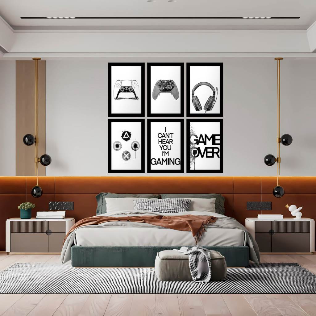 Quadros Decorativos 6p borda preta gamer over gaming controles fone jogo quarto decoração 20x30