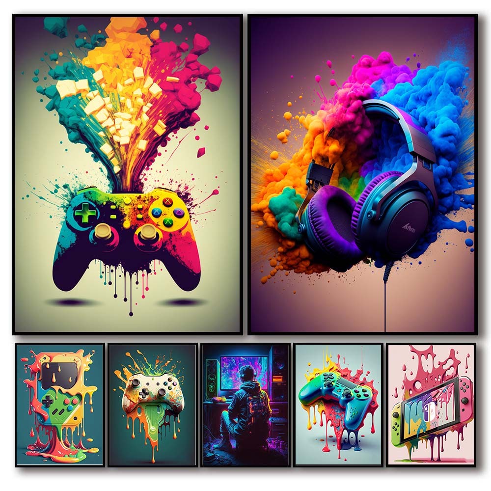 Quadro Colorido Neon Gamer, Fones De Ouvido Fantasia, Esports Gaming, Wall Art Painting, Kawaii Room Decor, Anos 80, Anos 90