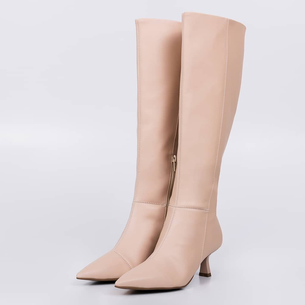 Bota Feminina Cano Alto Longo Nude Bico Fino Salto Taça Baixo Confortavel Sapato Premium Executiva