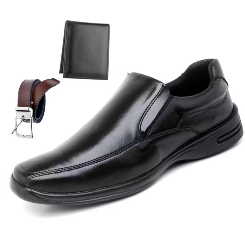Kit 3 em 1 Sapato Masculino Couro Legítimo Conforto Social com Cinto e Carteira Casual Executivo Premium
