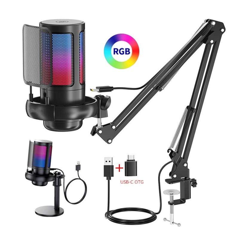 USB Gaming Microphone for PC Condenser Mic with Boom Arm for Mac/PS4/ PS5 with Touch Mute RGB Lighting Gain knob