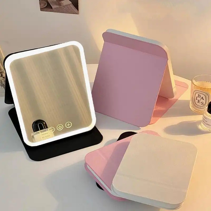 Foldable Makeup Mirror with LED Light, Rechargeable Desktop Electric Mirror, Portable Mirror for Home, Office, Dormitory
