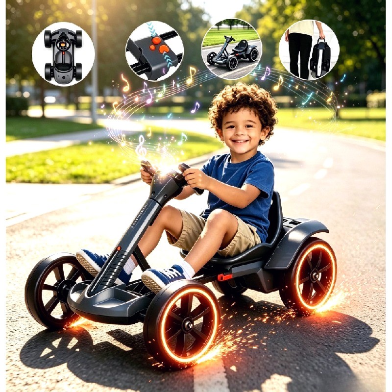 Kids Electric Go-Kart Mini Toy Car with LED Lights and Music. Safe Structure, Supports 30KG for Children and Boys.