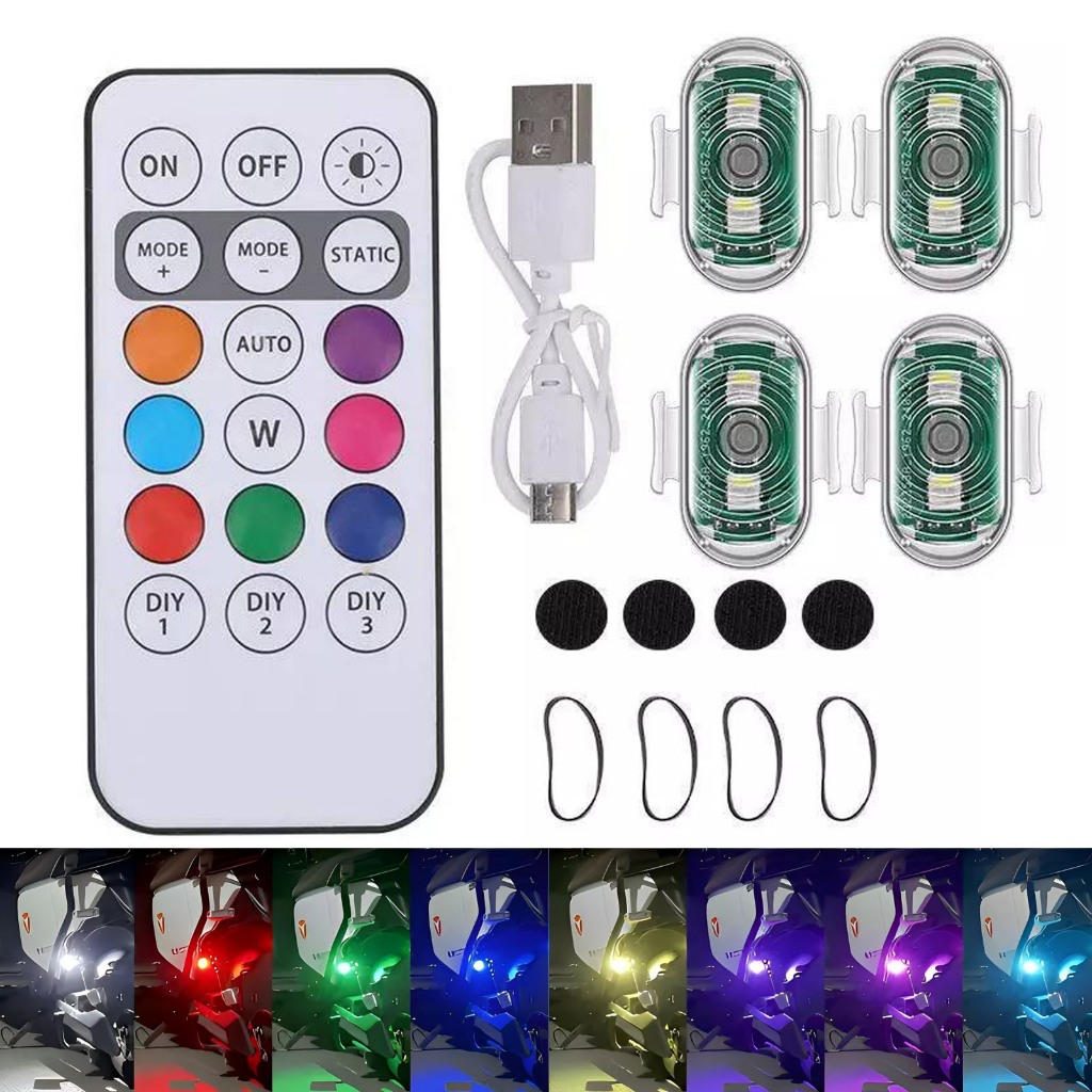 4 PCS RGB LED Strobe Lights | Wireless Remote Control, 8 Colors for Motorcycle/Car/Drone, Safety Indicator (Mini USB)