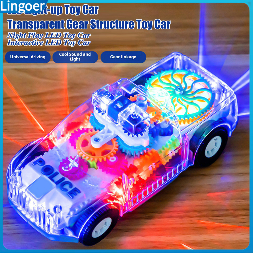 Light Up Toy Car with Spinning Gears Colorful Led Lights Universal Wheels Music Transparent Mini Model – Fun for Boys