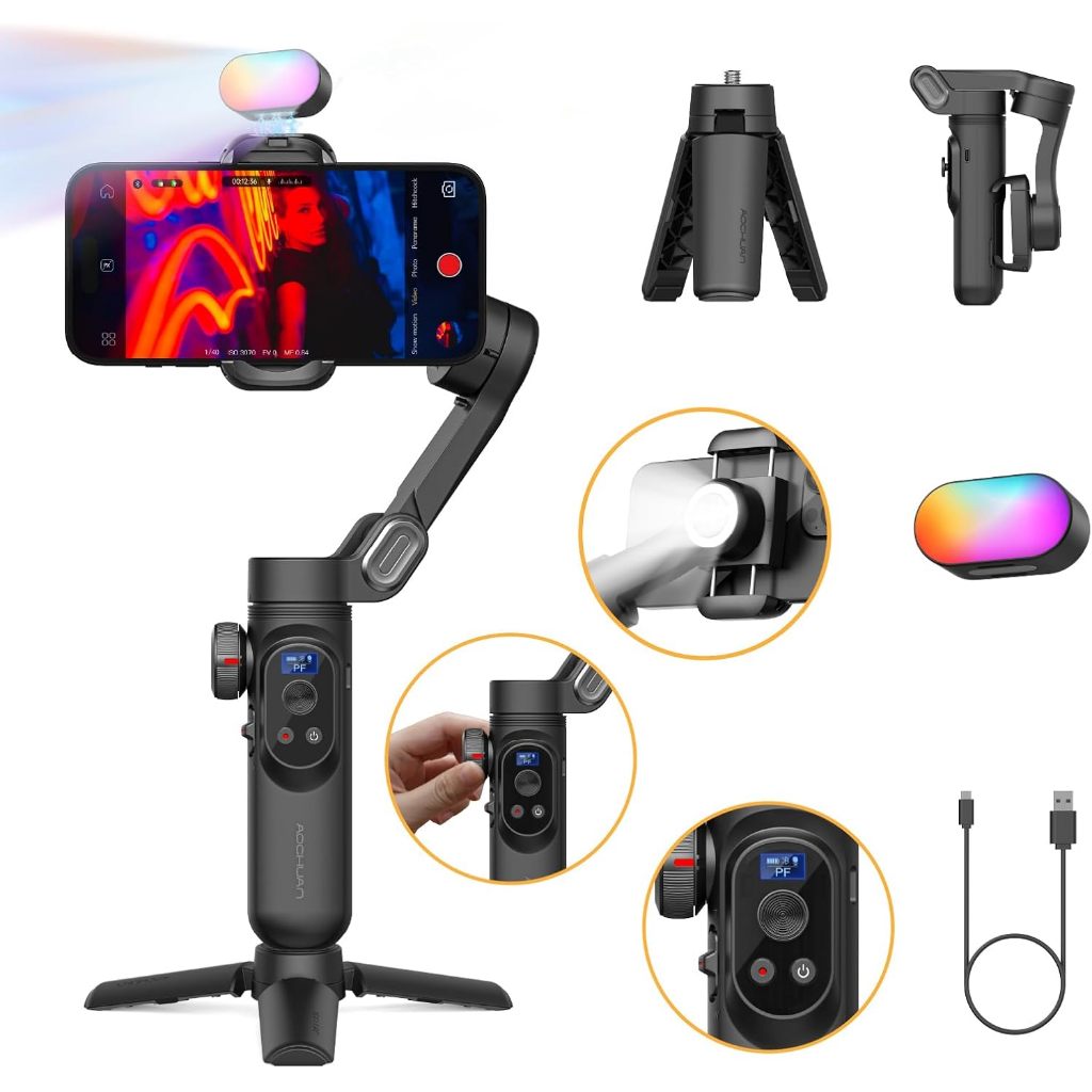 Estabilizador Smart X PRO Gimbal 3 Eixos com Luz de Preenchimento Magnético RGB Gimbal para Smartphone