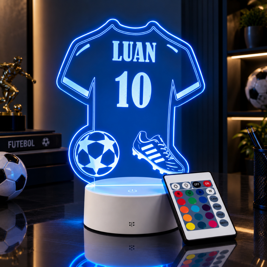 Luminária Camiseta Futebol 10 Personalizada com Nome Para Menino Menina Bebê ideia Presente LED RGB