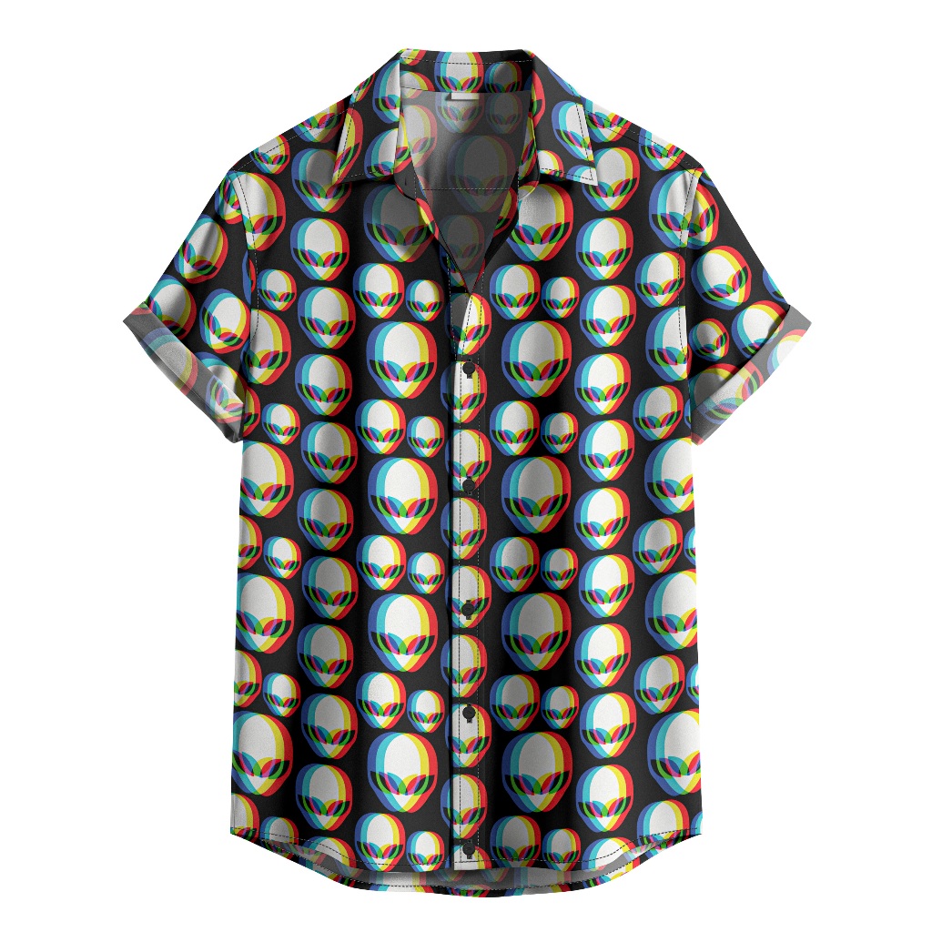 Camisa De Botão Alien Com Efeito 3D Estilo Festival E Rave 3D Rgb Glitch [Ref-288]