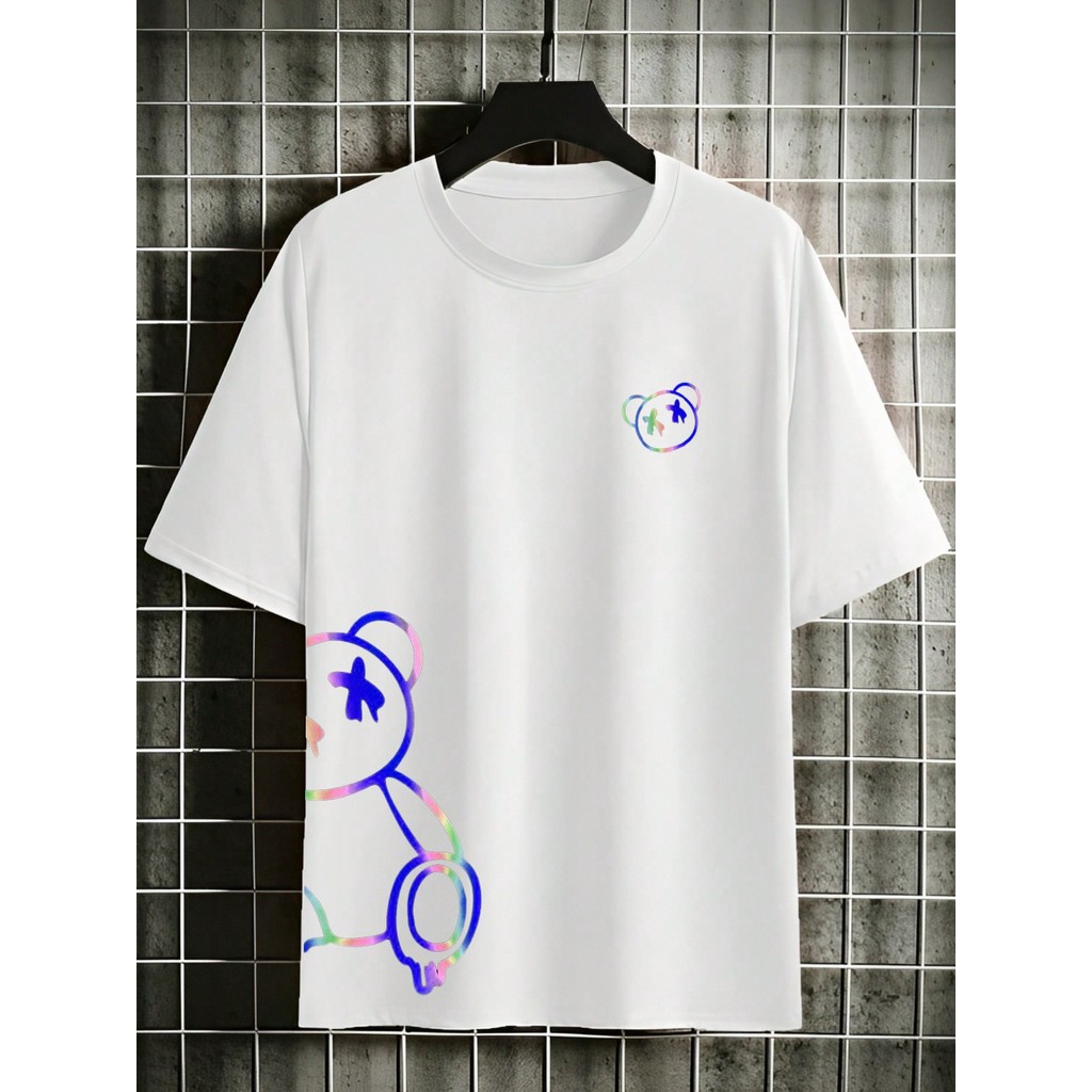 Camiseta Masculina Streetwear Urso RGB Algodão Unissex Camiseta Oversized Streetwear Masculina