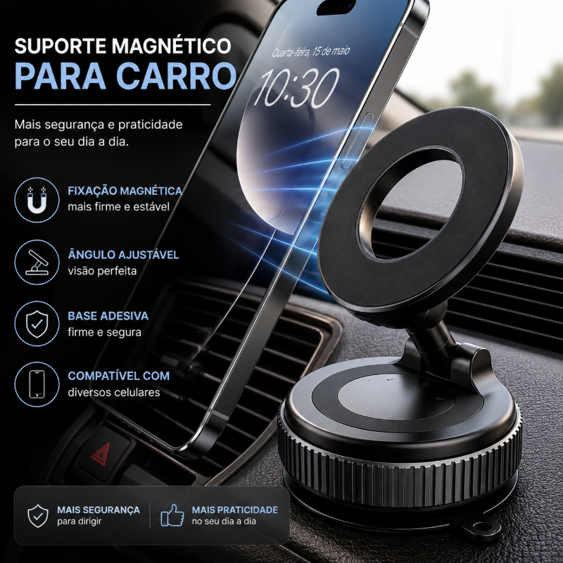 Suporte Magnético para Celular 360° com Sucção a Vácuo Forte Dobrável Ajustável Universal para Carro Mesa e Parede