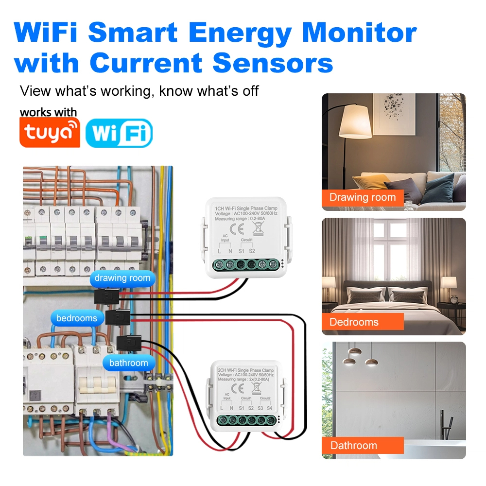 Smart Life Funciona com Tuya Medidor de Energia WIFI de 1/2 Canal com Sensor de Corrente Clampe Monitor de Consumo