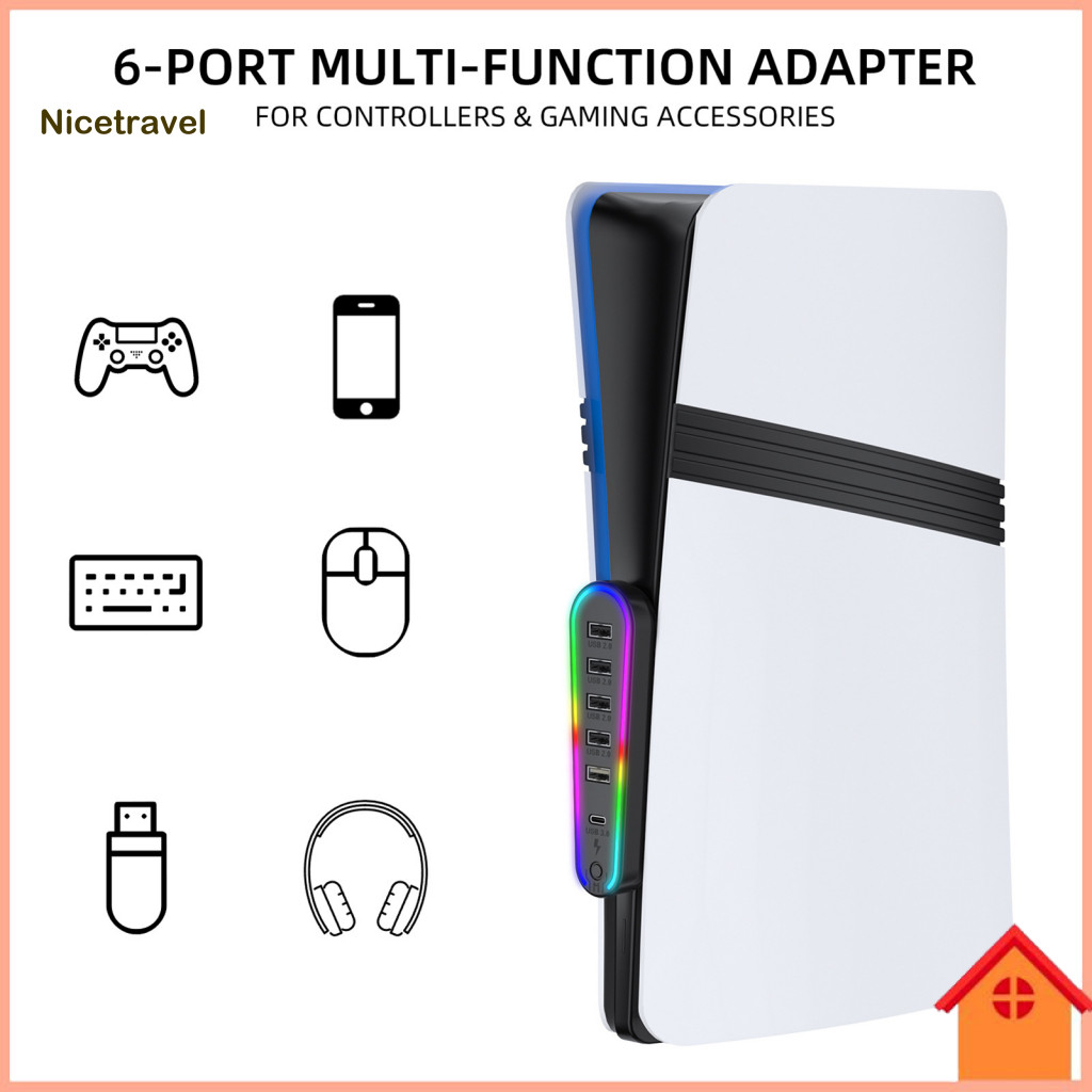 Multi-port Charger Adapter Easy Setup Usb Expansion 6-port Hub with Rgb Light Plug-and-play for Ps5 Pro Slim Fast Data T