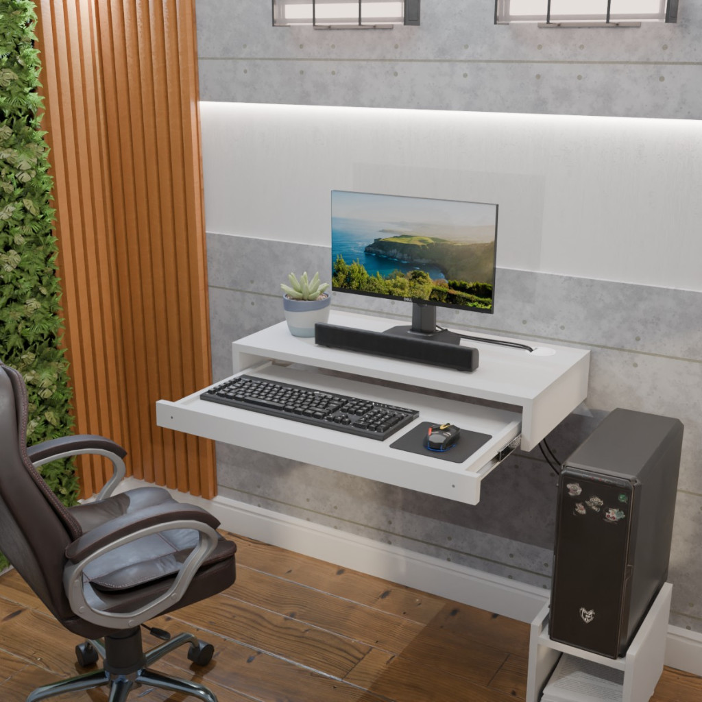 Suporte Suspenso de Parede para Monitor,Computador ou Notebook, com Gaveta para teclado e mouse
