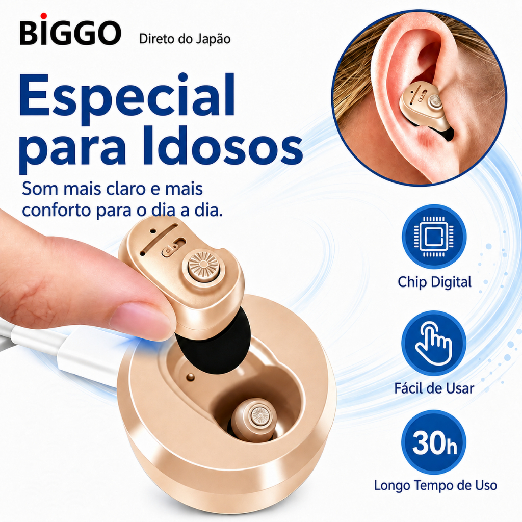 BIGGO Envio Direto do Japão, Smart Hearing Amplifier for Elderly Single Ear Rechargeable Hook with Noise Reduction Trans