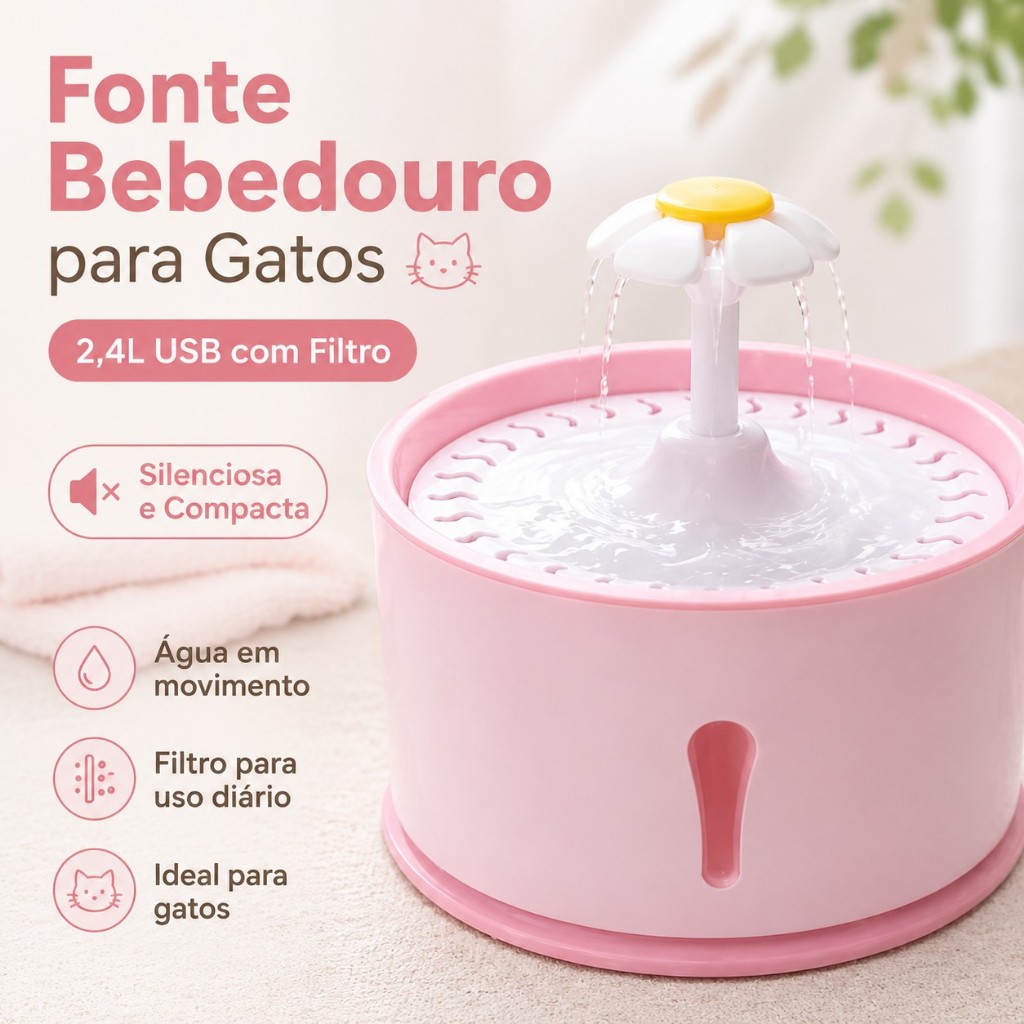 Fonte Bebedouro para Gatos 2,4L USB com Filtro Silenciosa Compacta