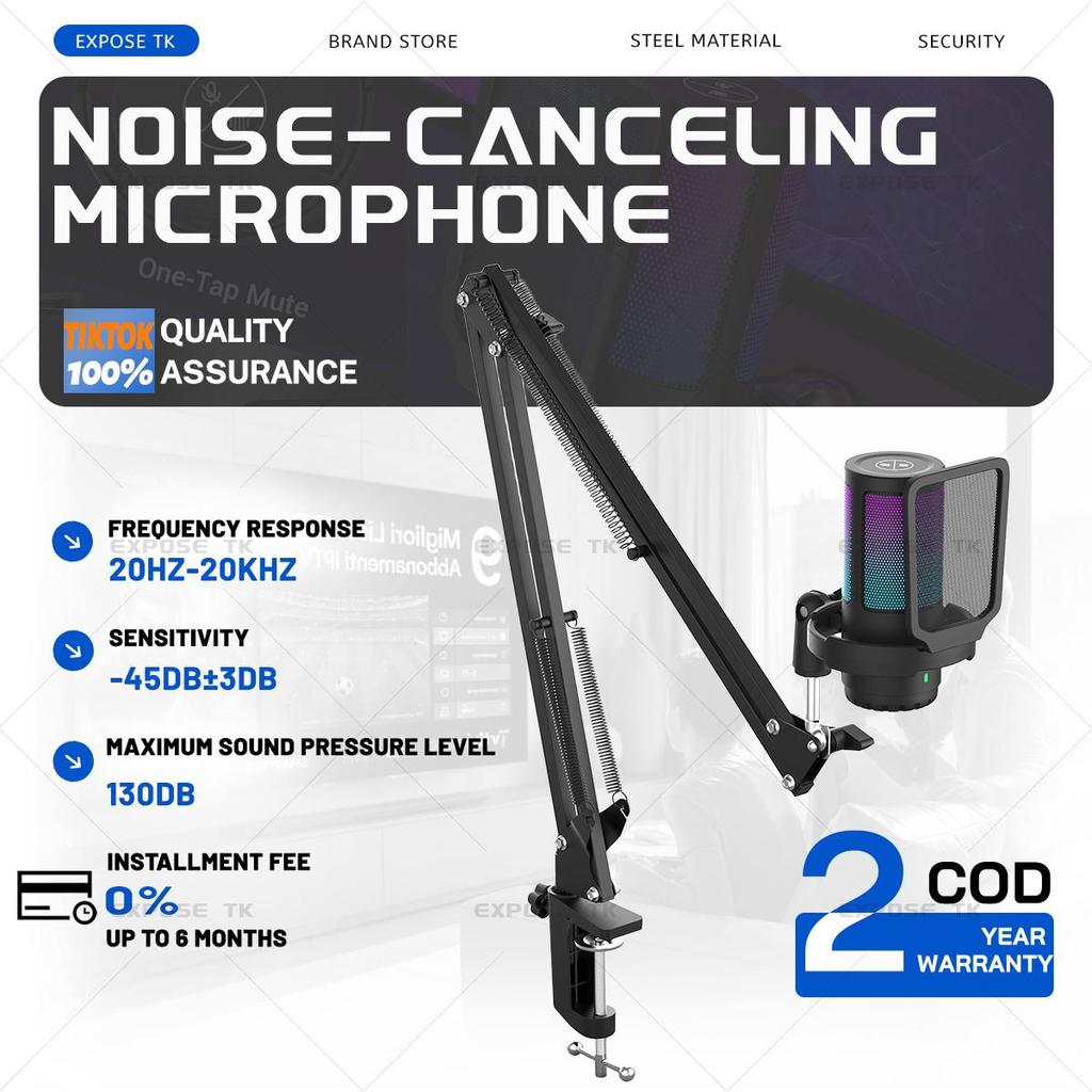 RGB noise-canceling microphone suitable for PC live streaming, recording, and podcasting Features a 360° rotating and ad