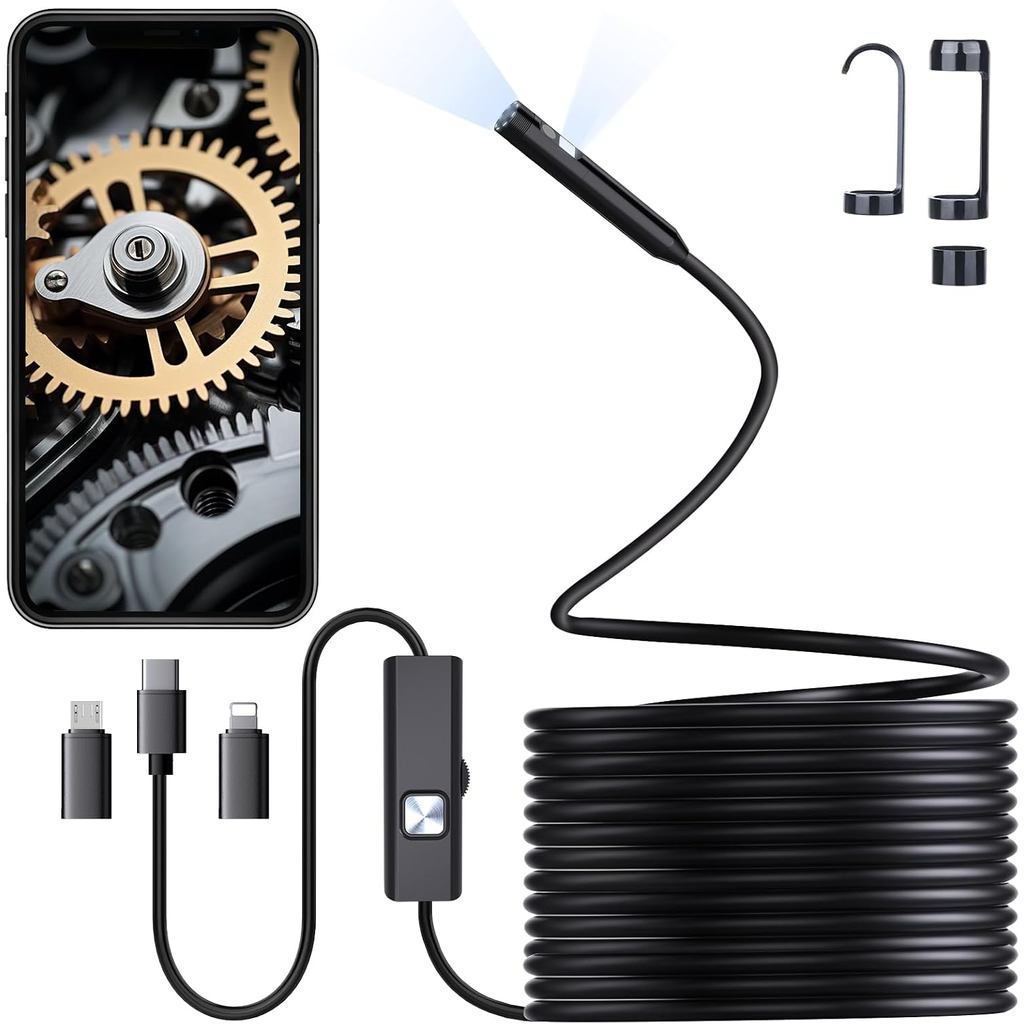 Preciva Endoscope Camera with Dual Lenses, 1920P HD Borescope Camera with 8 Adjustable LED Lights, 16.5ft Semi-Rigid for