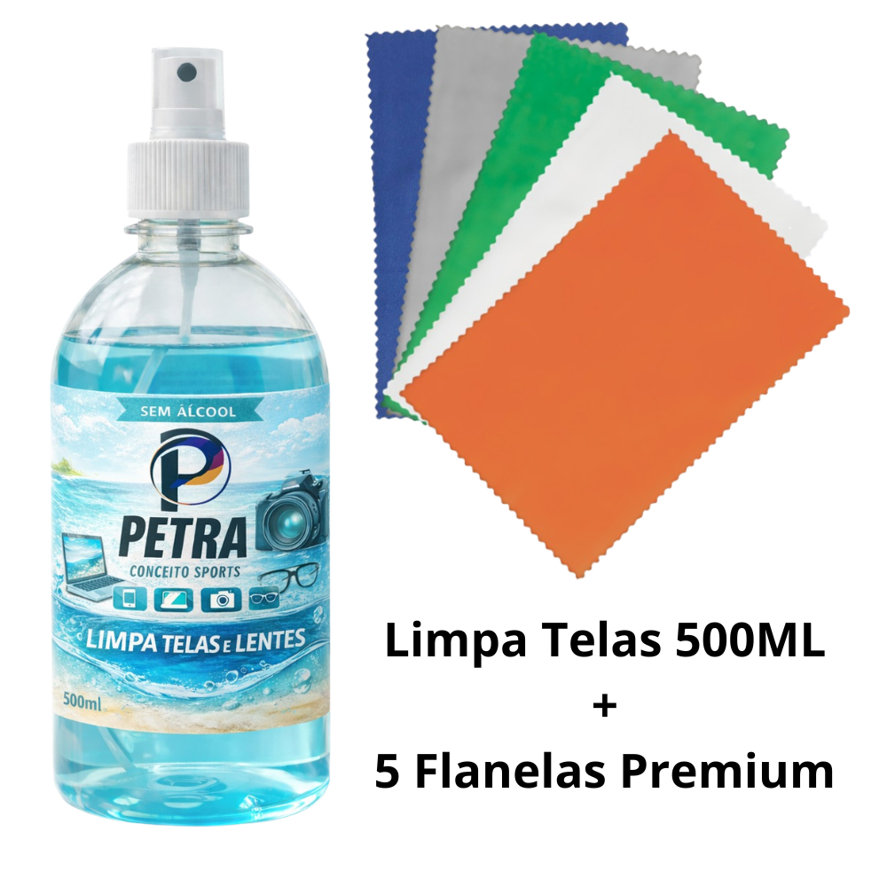 Kit Limpa Telas  500ml + 5 Flanelas – Celular Monitor Tv Notebooks Limpa Óculos  Petra Sports