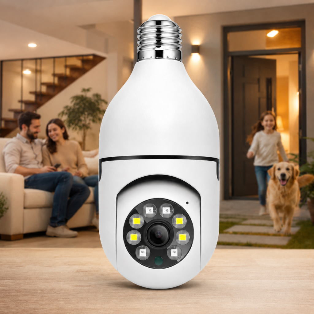 Câmera Lampada Giratória 360º Monitoramento em tempo real design discreto e moderno Conexão WiFi