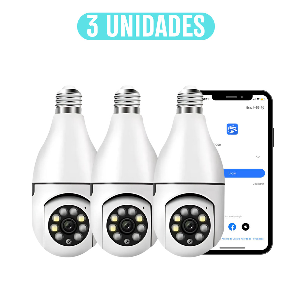 3 UNIDADES de Câmeras Lâmpada de segurança Wi-fi IP sem fio 360