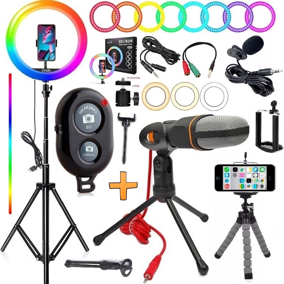 Kit Iluminador Ring Light Luz Led Colorida Rgb Completo + Tripé Suporte Celular Universal Makeup Profissional Microfone
