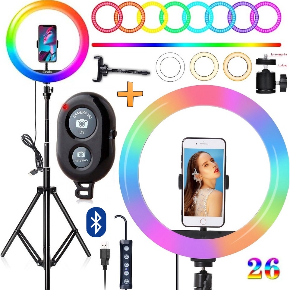 Ring Light Luz Led Anel Iluminador Rgb Colorido Hing 10 Polegadas Tripé 2m Suporte Celular Portátil Makeup Selfie Vídeo