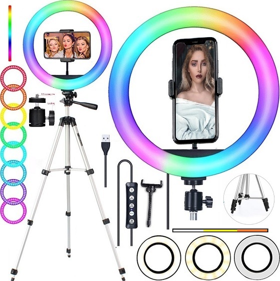 Ring Light Luz Led Iluminador Rgb Colorido + Branco Frio Branco Quente Misto Foto Makeup Tirar Foto Vídeo Celular Tripé