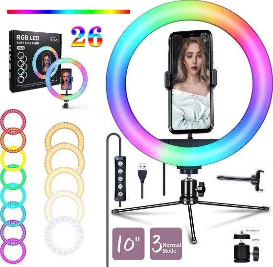 Ring Light Anel Led Iluminador Completo Rgb Colorido 10 Polegada Portátil Suporte Celular Gravação de Vídeo Foto Makeup