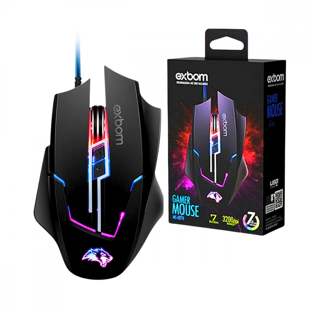 Mouse Gamer RGB 3200 DPI 7 Botões Base Metal Exbom