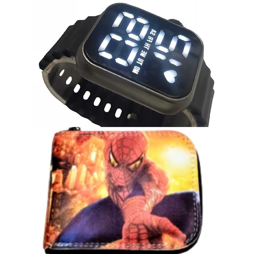 Carteira menino homem aranha para mesada e relógio digital a prova d agua estilo smar , presente para seu filho brincart