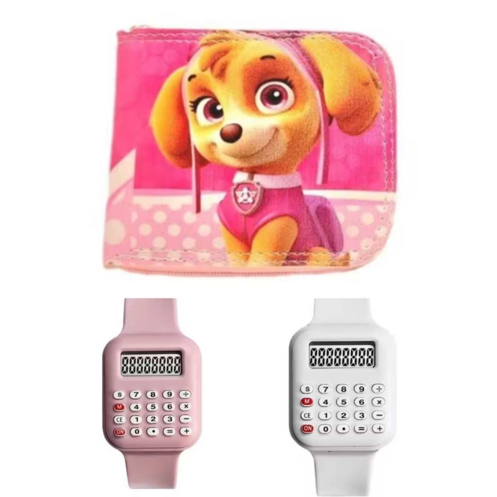 Carteira infantil skye e relógio digital com calculadora feminina , kit 2 em 1 para sua filha.