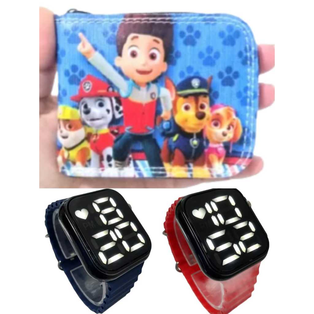 Carteira infantil patrulha canina e relógio digital a prova d agua smart masculino, seu filho feliz com o presente assim