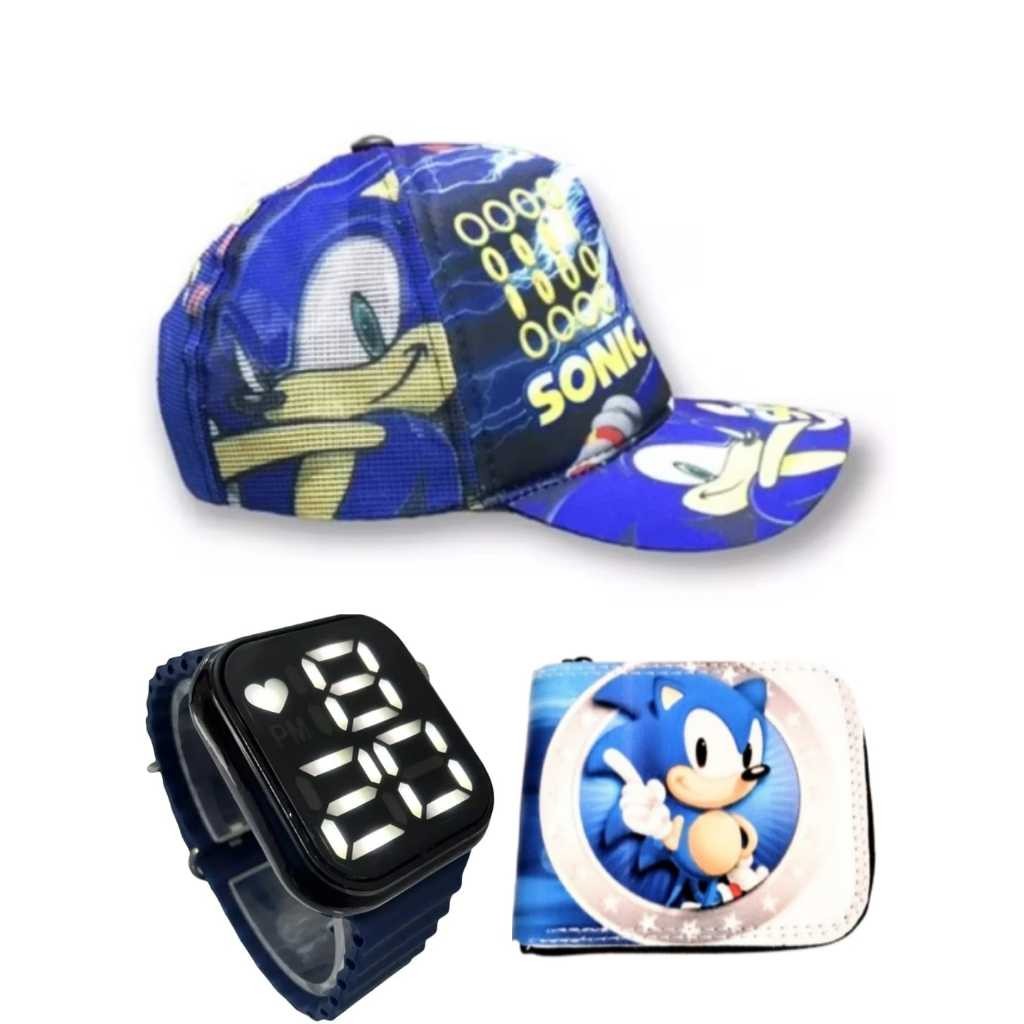 Boné e carteira do sonic e relógio digital a prova d agua smart infantil masculino , seu filho merece um presente assim.
