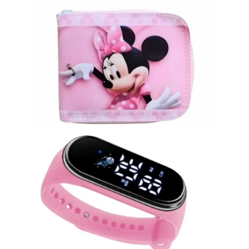 Carteira infantil menina e relógio digital e relógio com led e cronometro feminino ,da minei para a alegria da sua filha