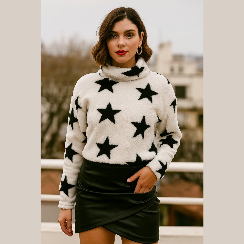 Casaco Teddy Estrelado - Casaco Feminino Em Tecido Peluciado Com Estampa de Estrelas - Moda Inverno 2025