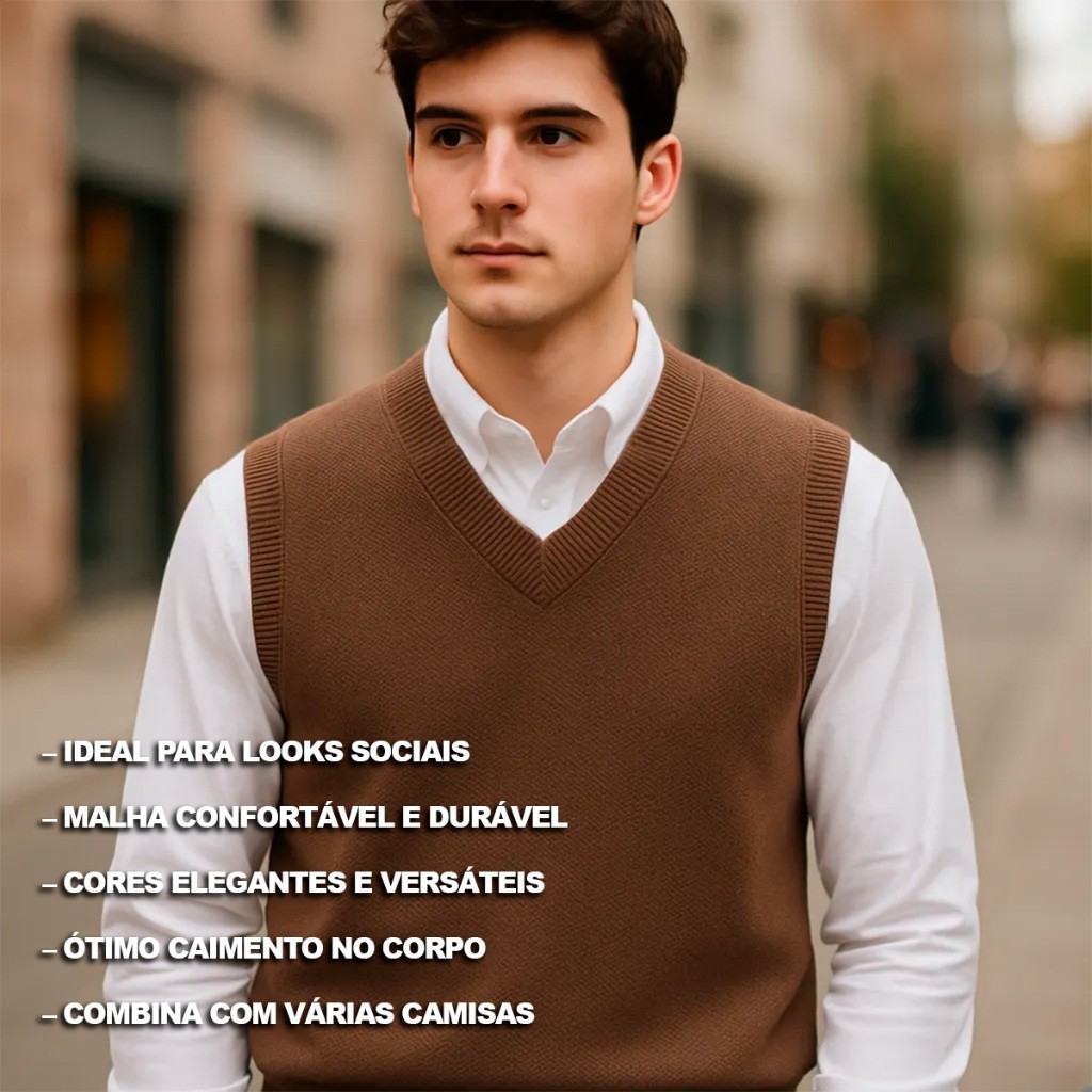Colete Masculino Inverno Tricot Social com Lã Decote V - Estilo Clássico e Sofisticado Inverno