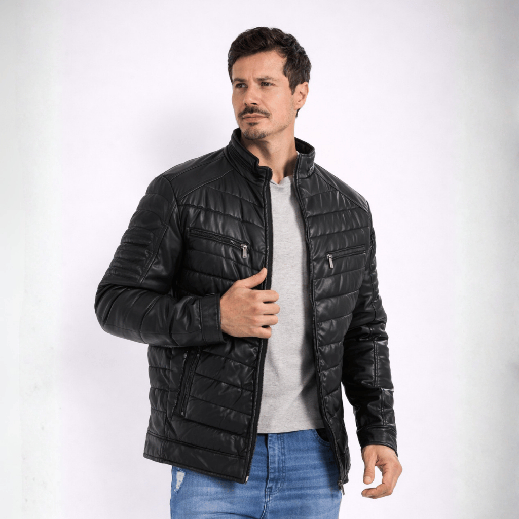 Jaqueta Masculina Couro Sintético Forrada Impermeável Peluciada Ecológica Gola Alta Bolsos
