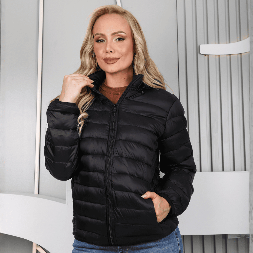 Jaqueta Feminina Corta Vento Nylon Repele Líquido sem Capuz Bolso Interno Zíper Casaco Bobojaco