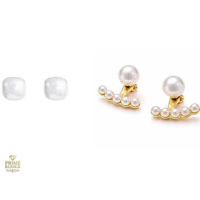 Kit 2 Pares Brincos Pérolas Feminino Clássico Ear Jacket + Pérola Quadrada Banhado Ouro 18K Elegante Delicado Semi Joia