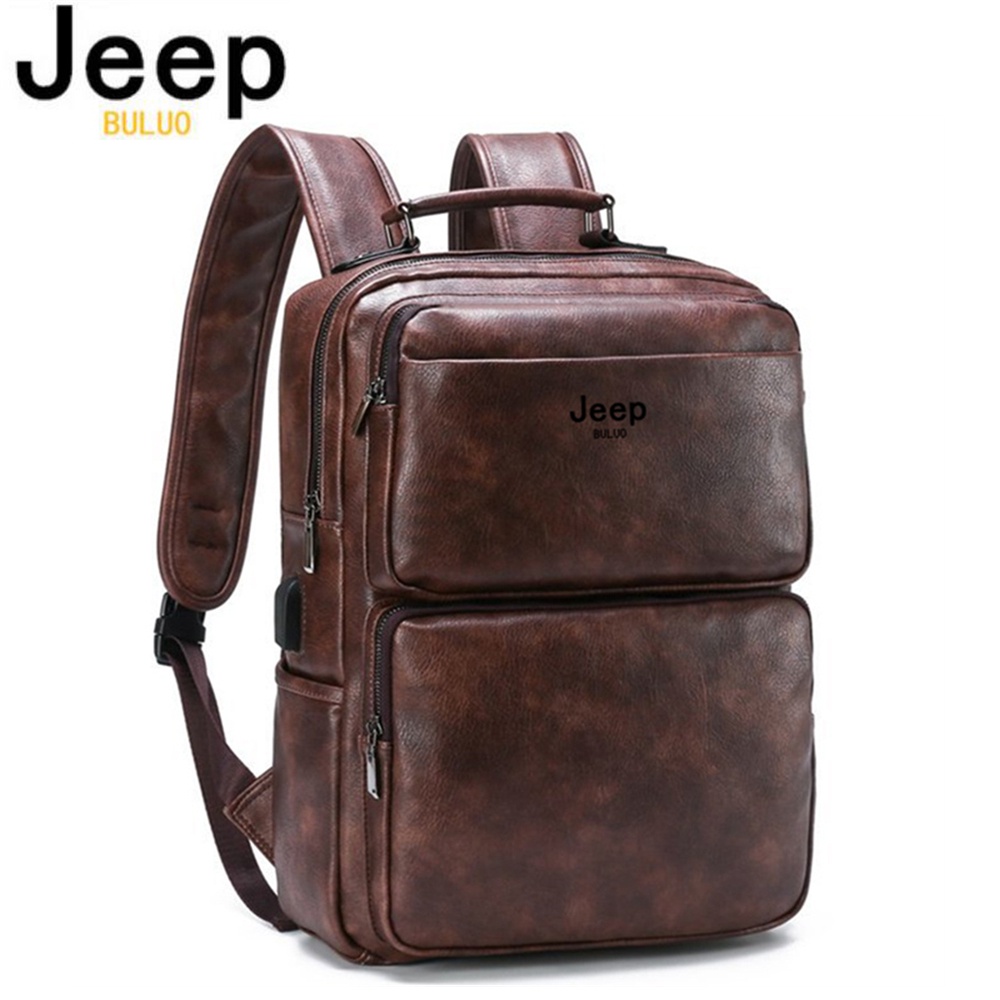 JEEP BULUO Novas Mochilas Casuais De 14 Polegadas Mochila De Grande Capacidade Para Viagem Ao Ar Livre Masculinas Usb Split Leather Bags For Man-2205