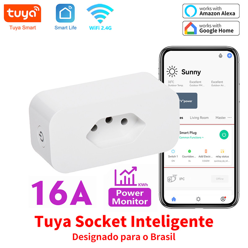 Tomada inteligente 16a brasil padrão wi-fi com monitor de energia, app tomada inteligente wifi