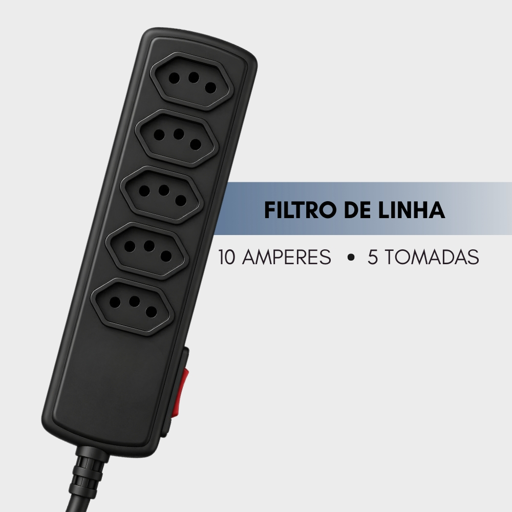 Filtro de Linha energia 5 tomadas plug 90 graus 10A Proteção contra Surtos Elétricos DPS para PC monitor