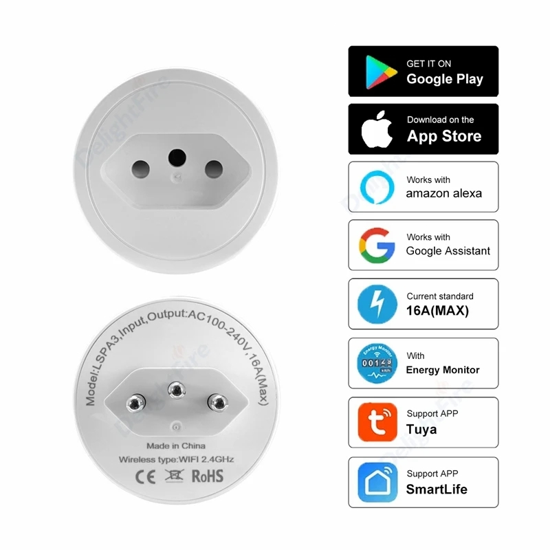 Smart Plug Socket para Casa, 16A, WiFi, Tomada Inteligente, Monitor Energia, Timing, Controle de Voz, Google Home, Alexa