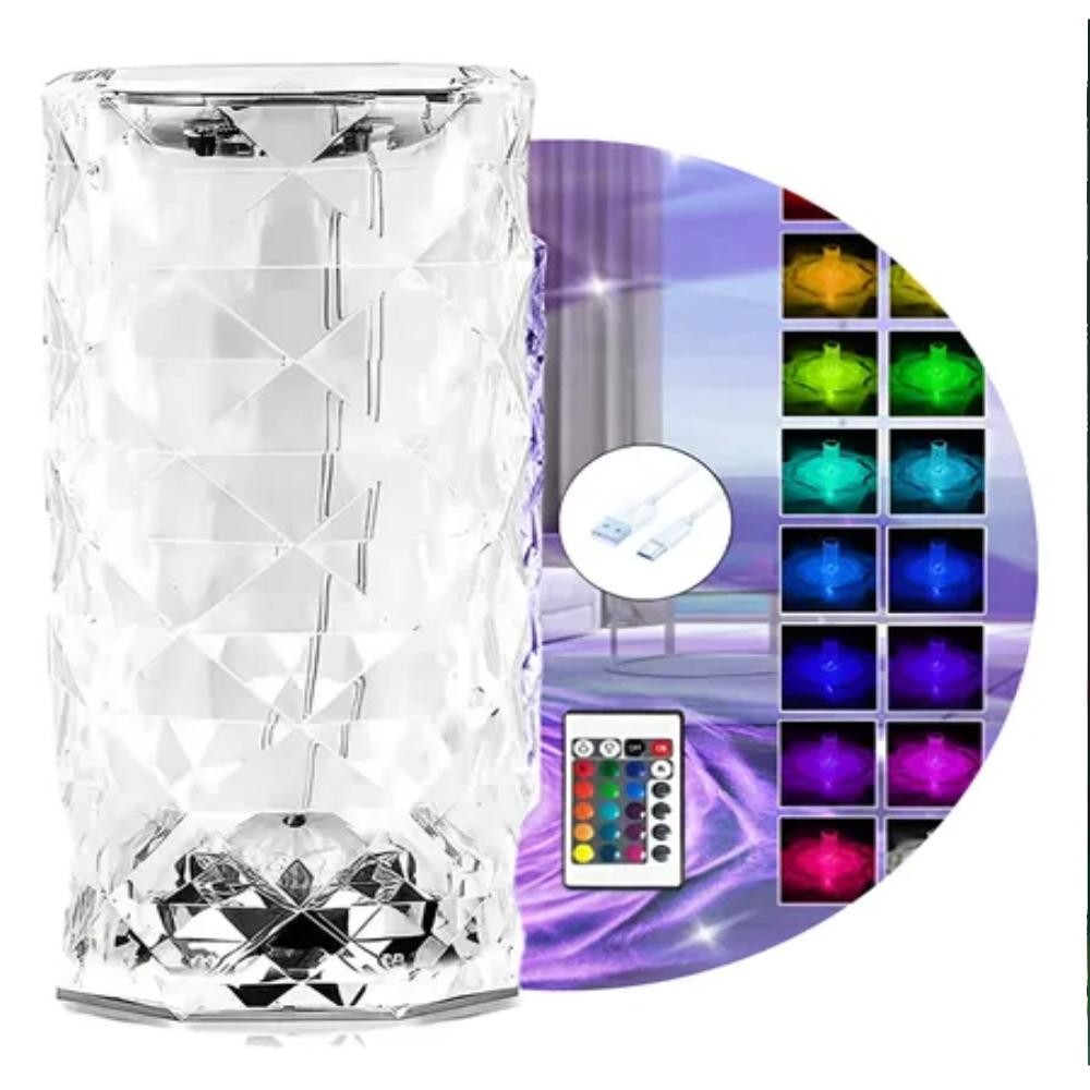 LUMINARIA NOTURNA INFANTIL ABAJUR CONTROLE REMOTO RGB 16 CORES CRISTAL MESA LED MULTICOLORIDA TOUCH USB SEM FIO RECARREG
