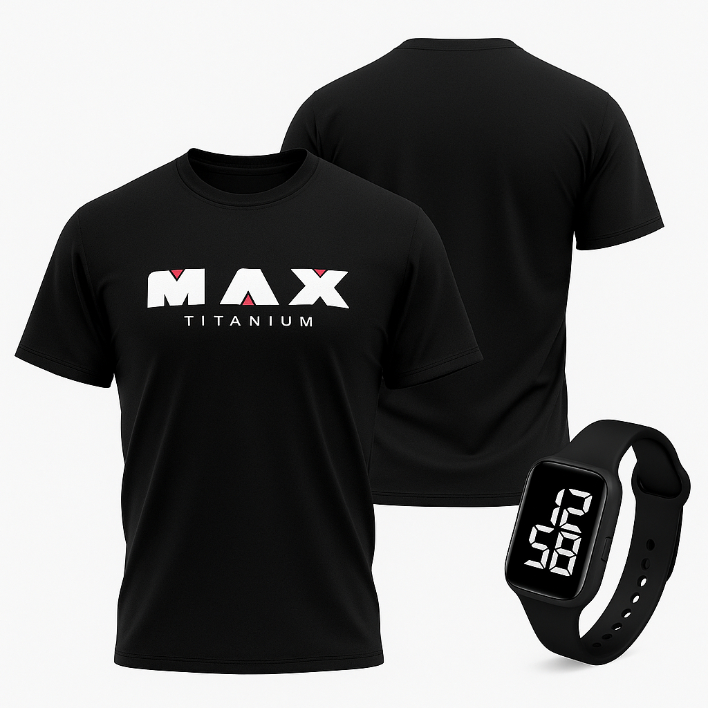 Camiseta Preta Dry Fit Max Titanium Masculina Esportiva Academia + Relógio Digital Preto Quadrado