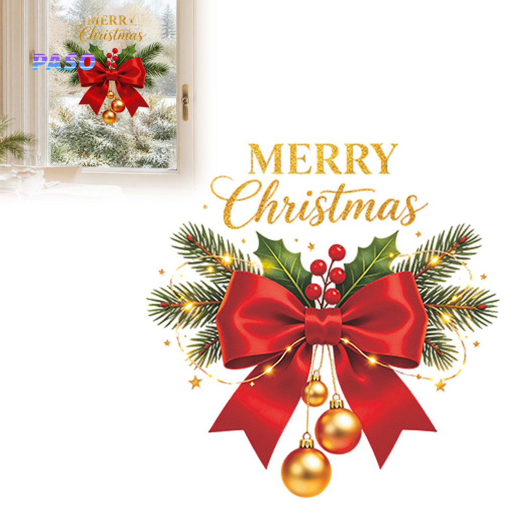 Christmas Window Clings Gold Xmas Decor Bow Sticker Merry Glass Decal Waterproof Holiday for Home School Office Party
