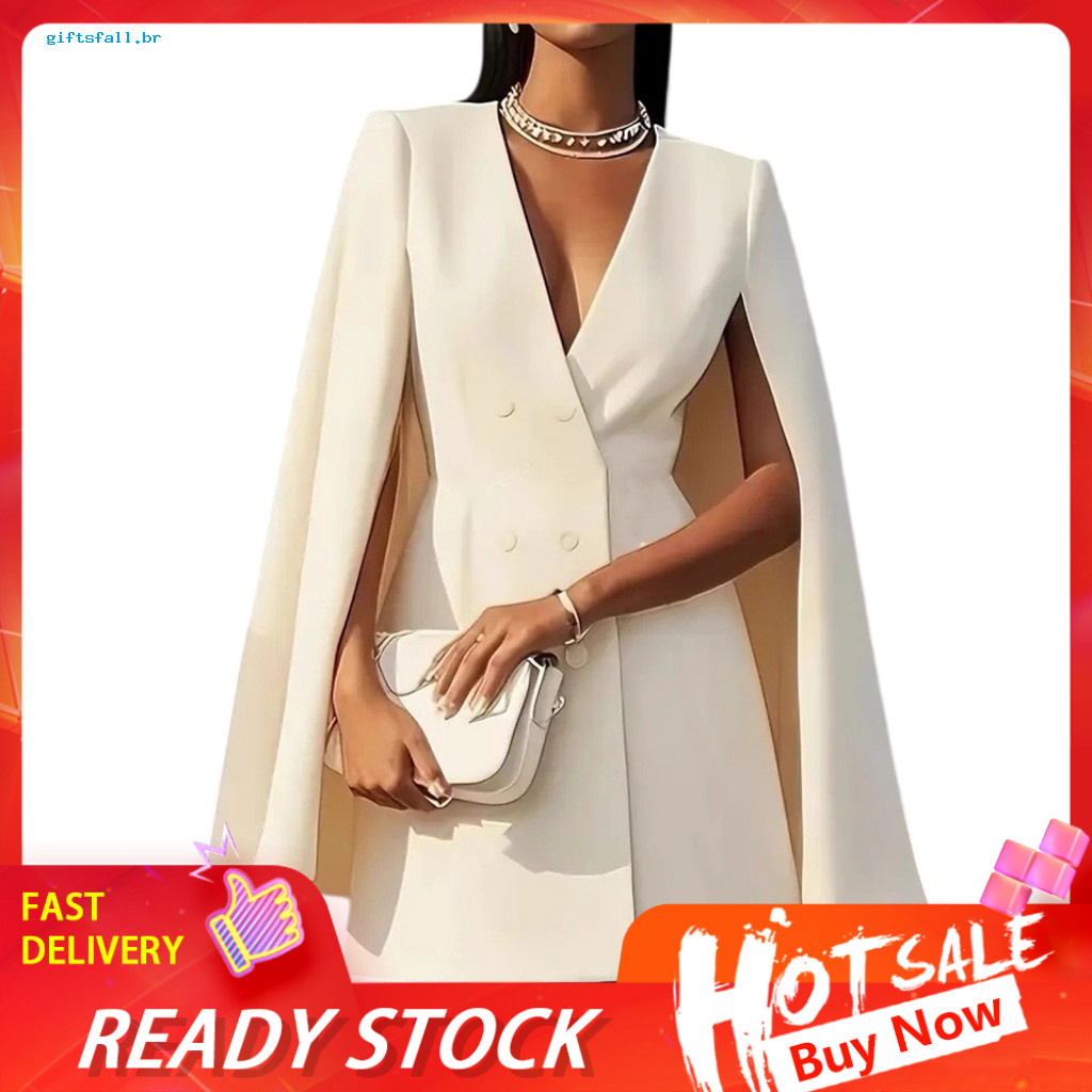 Spliced Cape Dress Summer Women’s V Neck Blazer – Double Breasted Split Sleeve Mini for Office Business Wear Stylish