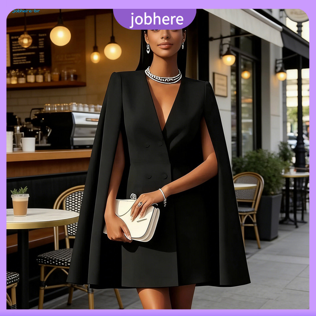 Simple Style Dress Spliced Cape Women’s V Neck Blazer – Double Breasted Split Sleeve Mini for Office Business Wear S