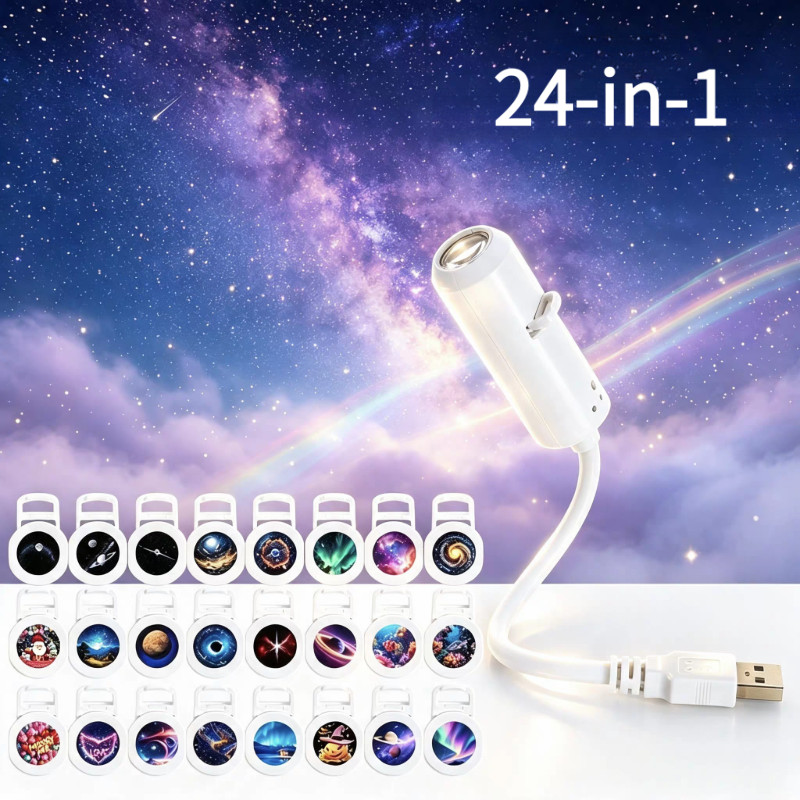 Mini Portable Star Galaxy USB Projector with 24 Interchangeable Slides for Bedroom and Car Decor